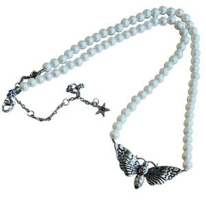 Dalmata Death Head Hawkmoth Pearl Necklace Freshwater Goth Rockabilly Moth 22"